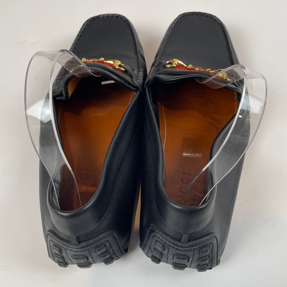 GUCCI Black Leather Driving Loafer Flat LOGO Horsebit Green Red Stripe MENS 11 - Picture 10 of 13
